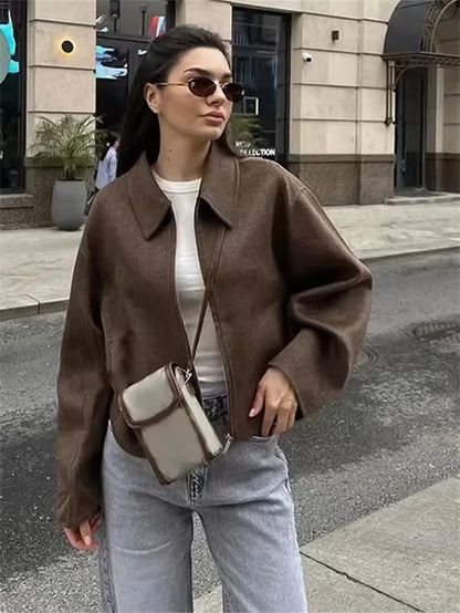 Mode Braun Zipper Woolen Jacke Für Frauen Elegante Revers Langarm Kurze Mäntel Weibliche Vintage Herbst Dame Straße Oberbekleidung
