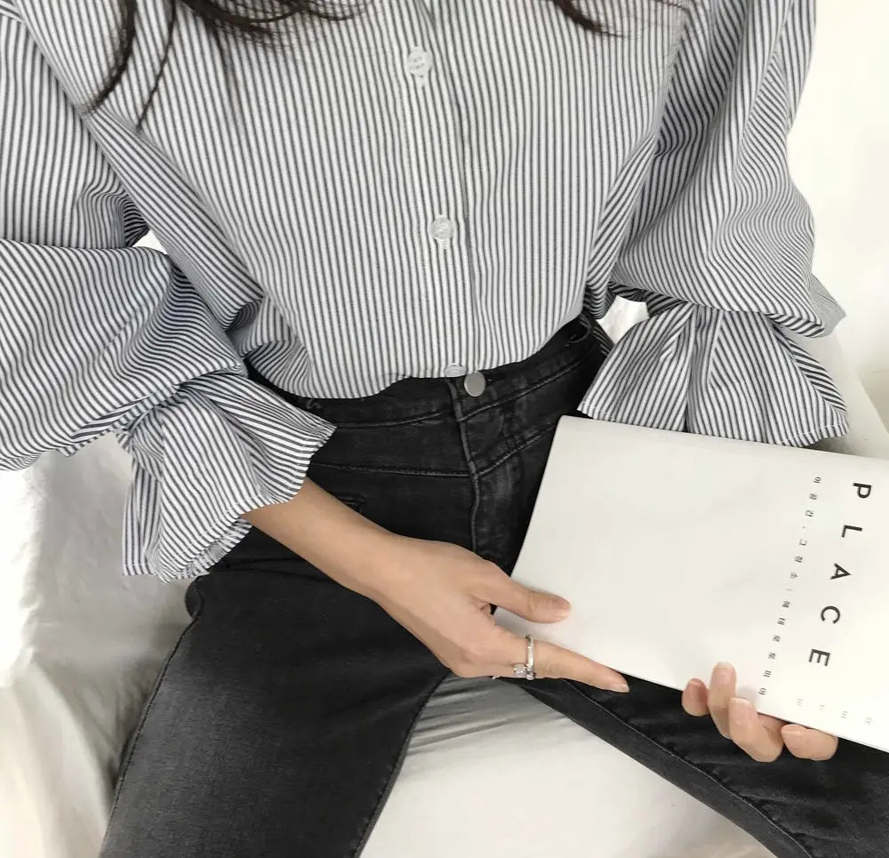 oose Stripe Women Shirts 2025 Fashion Lapel Collar Long Sleeve Shirt Elegant Classic Top.