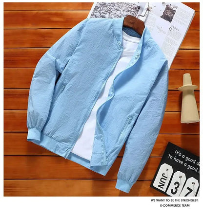 2024 Summer New Thin Style Round Neck Long Sleeve Screw Thread Zipper Jacket Man Solid Color Pockets Casual Sunscreen Clothing.