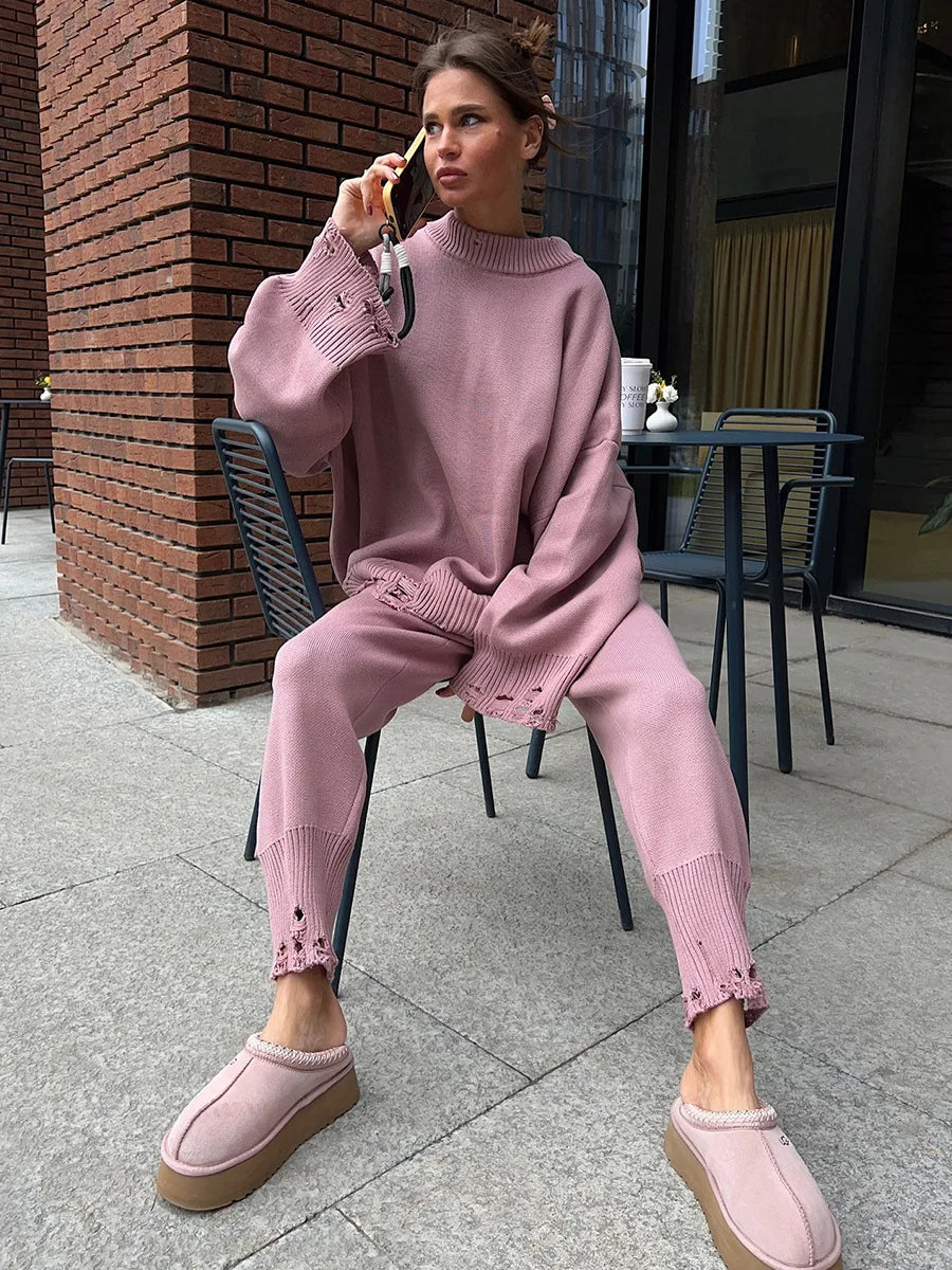 Two Piece Ripped Set Women Knit Tracksuits O Neck Long Sleeve Casual Baggy Sweatshirts+ Joggers Pants Outfits 2025 Fall Winter.