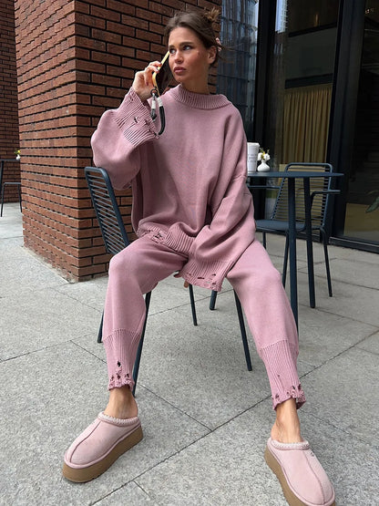 Two Piece Ripped Set Women Knit Tracksuits O Neck Long Sleeve Casual Baggy Sweatshirts+ Joggers Pants Outfits 2025 Fall Winter.
