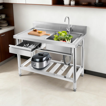 Verdicktes Edelstahl-Spülbecken mit Wasserhahn und Schublade, 150 kg Tragkraft 100 x 60 x 80 cm, für Küche, Restaurant, Wäsche, Garage