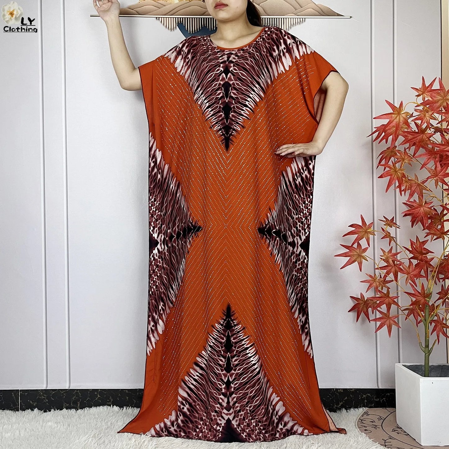 2024 New Muslim Women Dashiki Printed Dress Flower Diamonds Loose Dress With Big Scarf Islamic African Women Short Sleeve Abaya.