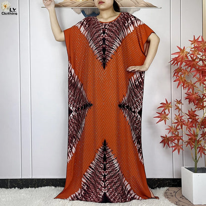 2024 New Muslim Women Dashiki Printed Dress Flower Diamonds Loose Dress With Big Scarf Islamic African Women Short Sleeve Abaya.