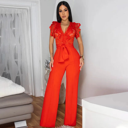 Summer Fashion Lace High Waisted Jumpsuit Women Elegant OL Lace Sleeveless Waistband Straight Jumpsuit Women