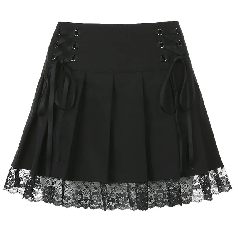 Girl Retro Pleated Skirt Lace Up High Waist Plaid Mesh Stitching Hem Y2K Aesthetic Gothic Black Mini Skirts Bodycon