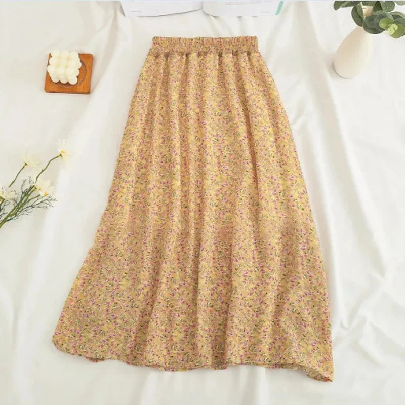 Gidyq Women Chiffon Midi Skirt Korean Fashion Floral Loose Skirts High Waist Female Casual All Match A Line Skirts Summer New.