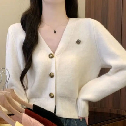 Women Clothes Spring Autumn Fashion Casual Button Solid Color Ladies All-match V-neck Long Sleeve Appear Thin Knitwear Cardigan.