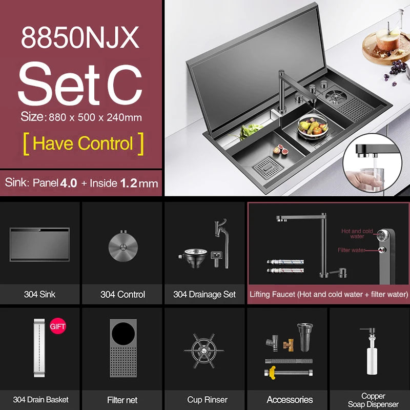 ASRAS Nanometer Black Flip Cover Hidden kitchen Sink 304 Stainless Steel 4mm Thickness Handmade Stepped Sinks Cup Rinser Sinks