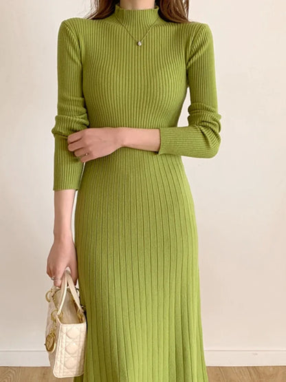 Herbst Winter 2023 Schlank Langarm Party Midi Kleid für Frauen Gestrickte Halb Hohen Kragen Elegante Gestrickte Pullover Kleider Damen.