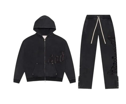 Y2k Retro Zipper Hoodie and Sweatpants 2-piece Set Washed Cotton Men Women Tracksuit Gothic Letter Loose Sweatshirt Jogger Suit.