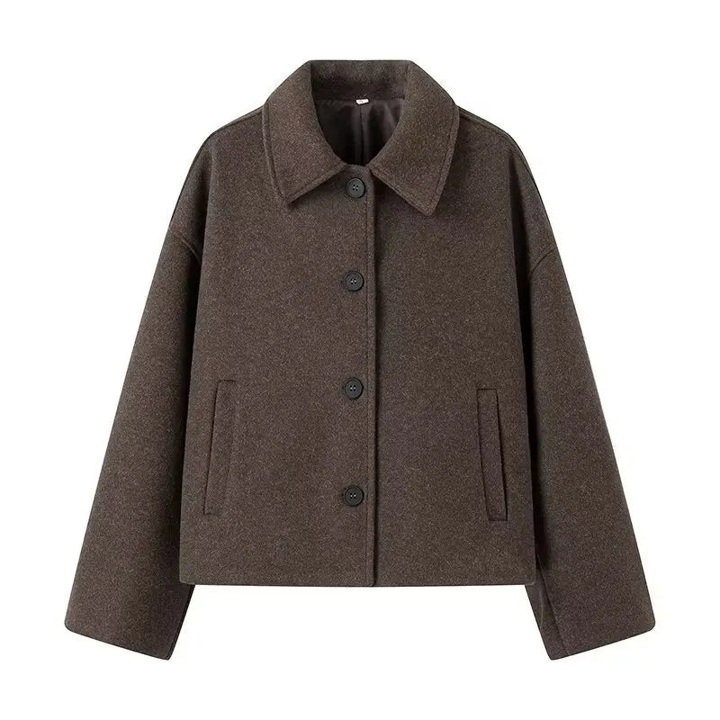 Woolen frauen Jacke Elegante Lose Langarm Turndown Einreiher Weiblichen Mantel 2024 Winter Mode Casual Dame Mantel