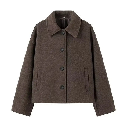 Woolen frauen Jacke Elegante Lose Langarm Turndown Einreiher Weiblichen Mantel 2024 Winter Mode Casual Dame Mantel