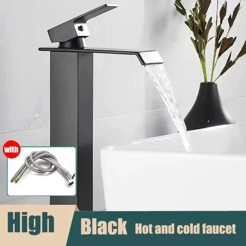 Black waterfall hot and cold faucet wash basin countertop basin bathroom cabinet splash proof basin faucet kitchen