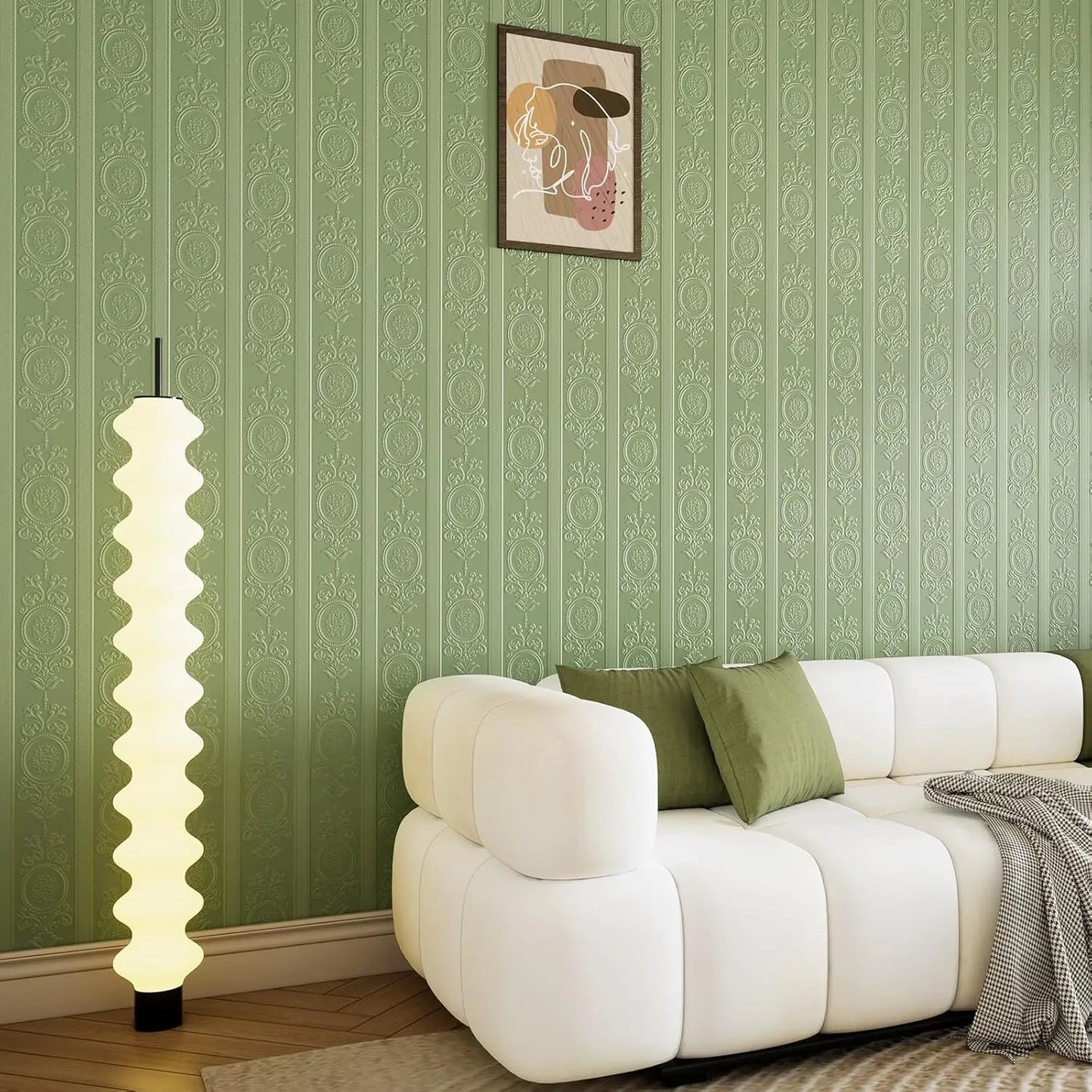 3D-Tapete mit weißer Prägung zum Abziehen und Aufkleben, Damaststruktur, selbstklebende Tapete, modernes, florales, abnehmbares Kontaktpapier