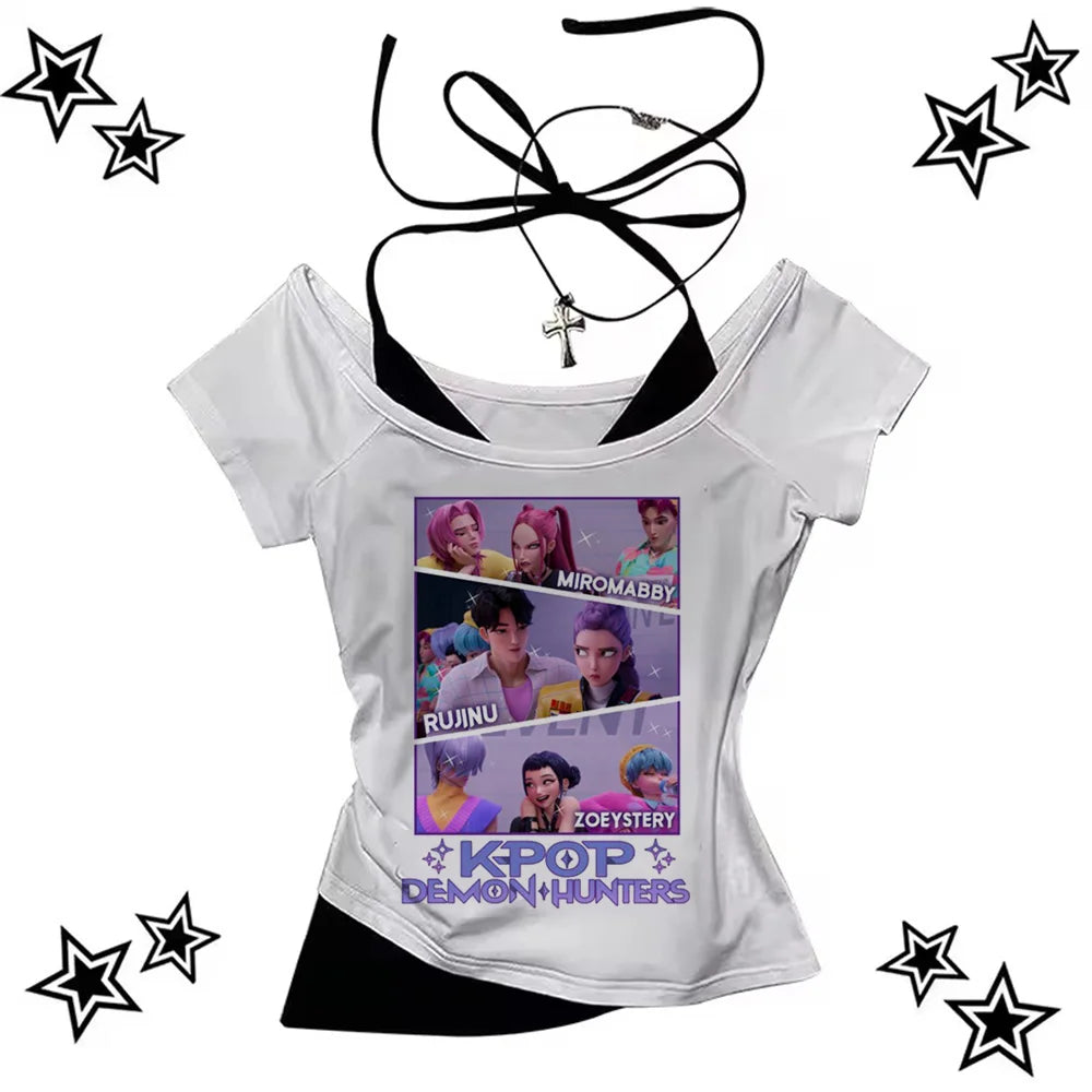 KPop Demon Hunters Tiger Shirt Women O-Neck Short Sleeves Crop Tops T-shirt Fans Gift.