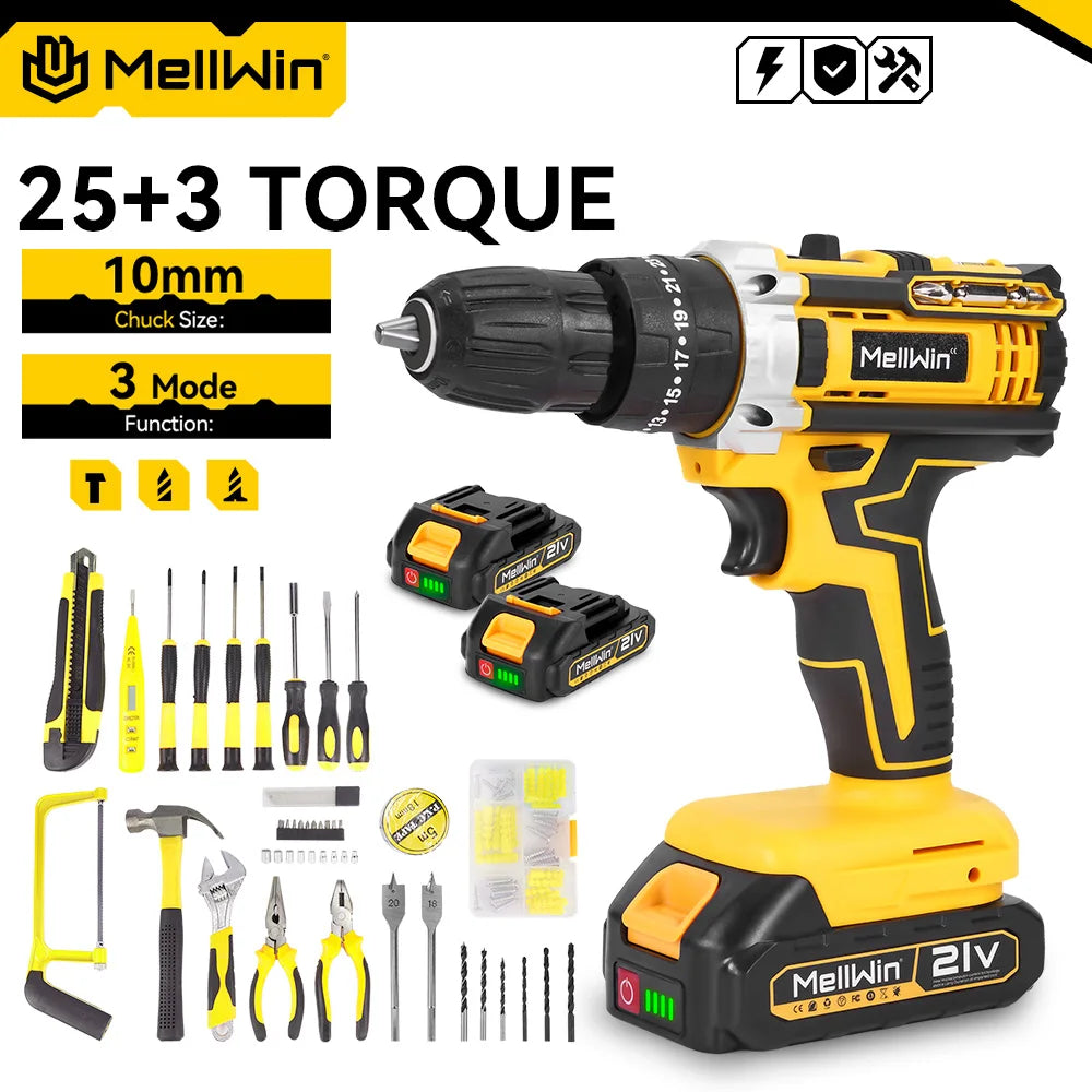 MELLWIN 25 + 3 Drehmoment Elektrische Schlagbohrmaschine Werkzeug Set 3 Modus 2 Gang Geschwindigkeit Akkuschrauber Elektrowerkzeug Für 21 V Batterie
