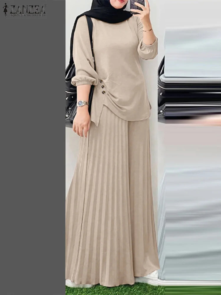 ZANZEA Muslim Sets Fashion 2pcs Women Long Sleeve Blouse Wide Leg Pant Sets Causal Spring Solid Work Outfits Islamic Clothing