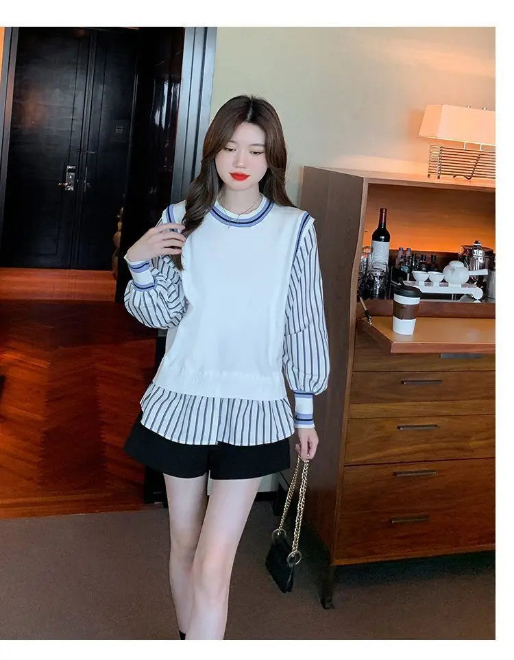 Autumn Preppy Style Patchwork O-neck Fake Two Pieces Top Tee Female Casual Striped Long Sleeve Sweatshirts Women Clothes Tshirt