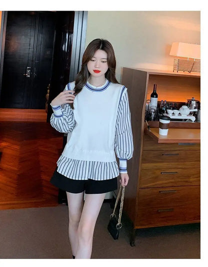 Autumn Preppy Style Patchwork O-neck Fake Two Pieces Top Tee Female Casual Striped Long Sleeve Sweatshirts Women Clothes Tshirt