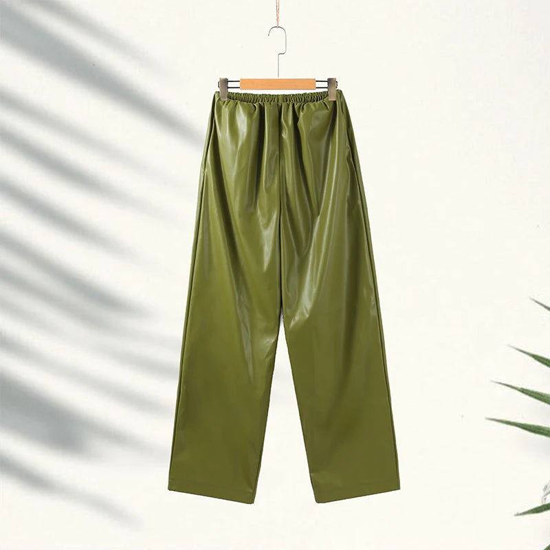 Stylish Leather Solid Jacket Pants Set Women Stand Collar Zipper Coat Loose Trousers Sets Female 2025 Autumn Fashion Streetwears.