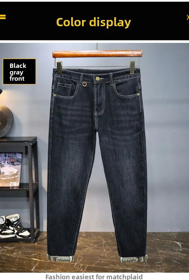 Zerrissene, reguläre, schmale Passform, gerade Jeans, bequem, lässig, Herbstmode, Denim-Hose, klassische, dünne Vintage-Unisex-Herren-Stretchhose.