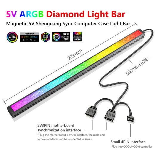 COOLMOON ARGB LED Strip Light 5V 3Pin/Small 4Pin Diamond Magnetic Colorful Atmosphere DIY Lamp Bar for PC Computer Case Chassis.