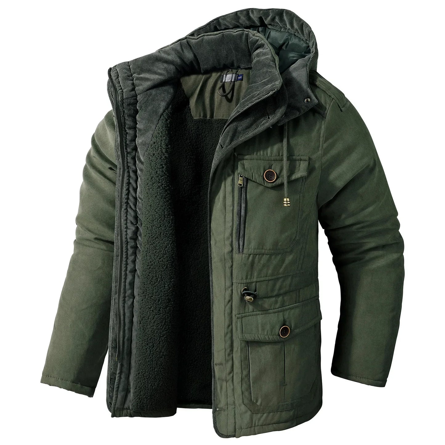 Men's Jacket WINTER USA SIZE Large SIZE Lamb Fleece JACKETS Hooded Cotton Thickened Multi Pocket Casual Mid length Coat.