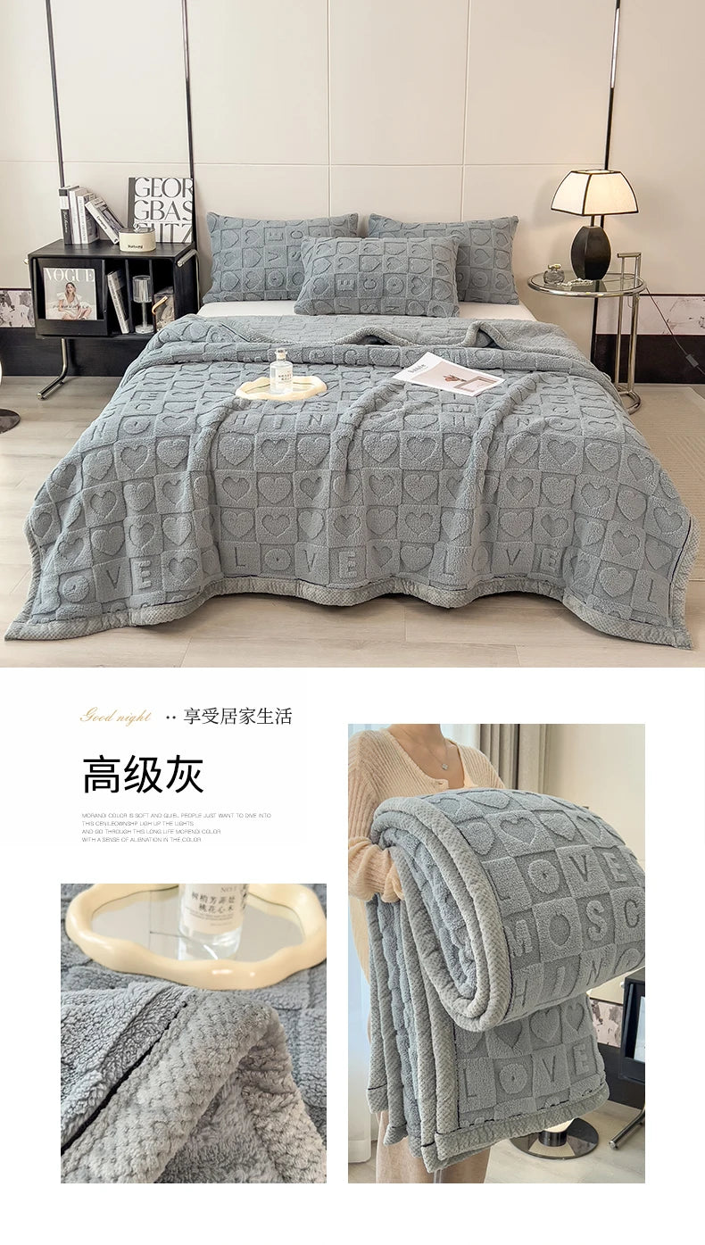 Heart Pattern Coral Fleece Blanket Autumn Winter Double Layer Thicken Warm Plush Blanket for Bed Fluffy Soft Sofa Throw Blankets