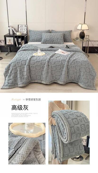 Heart Pattern Coral Fleece Blanket Autumn Winter Double Layer Thicken Warm Plush Blanket for Bed Fluffy Soft Sofa Throw Blankets