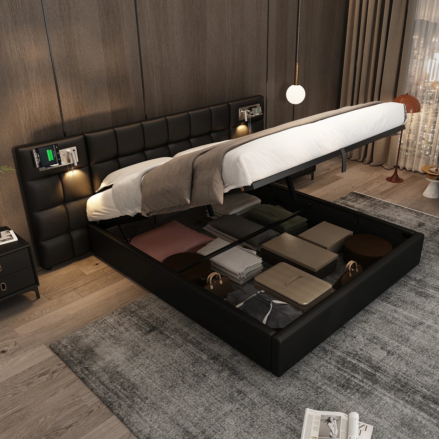 Polsterbett 180 x 200 cm, hydraulisches Bett, mit USB-Anschluss, kabelloses Laden und beleuchteter Lampe, mit Stauraum