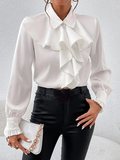Spring Autumn Shirts Fashion White Ruffled Elegant Blouse Tops Women New Long Sleeve Lapel Woman Shirt Solid Office Ladies Tops.