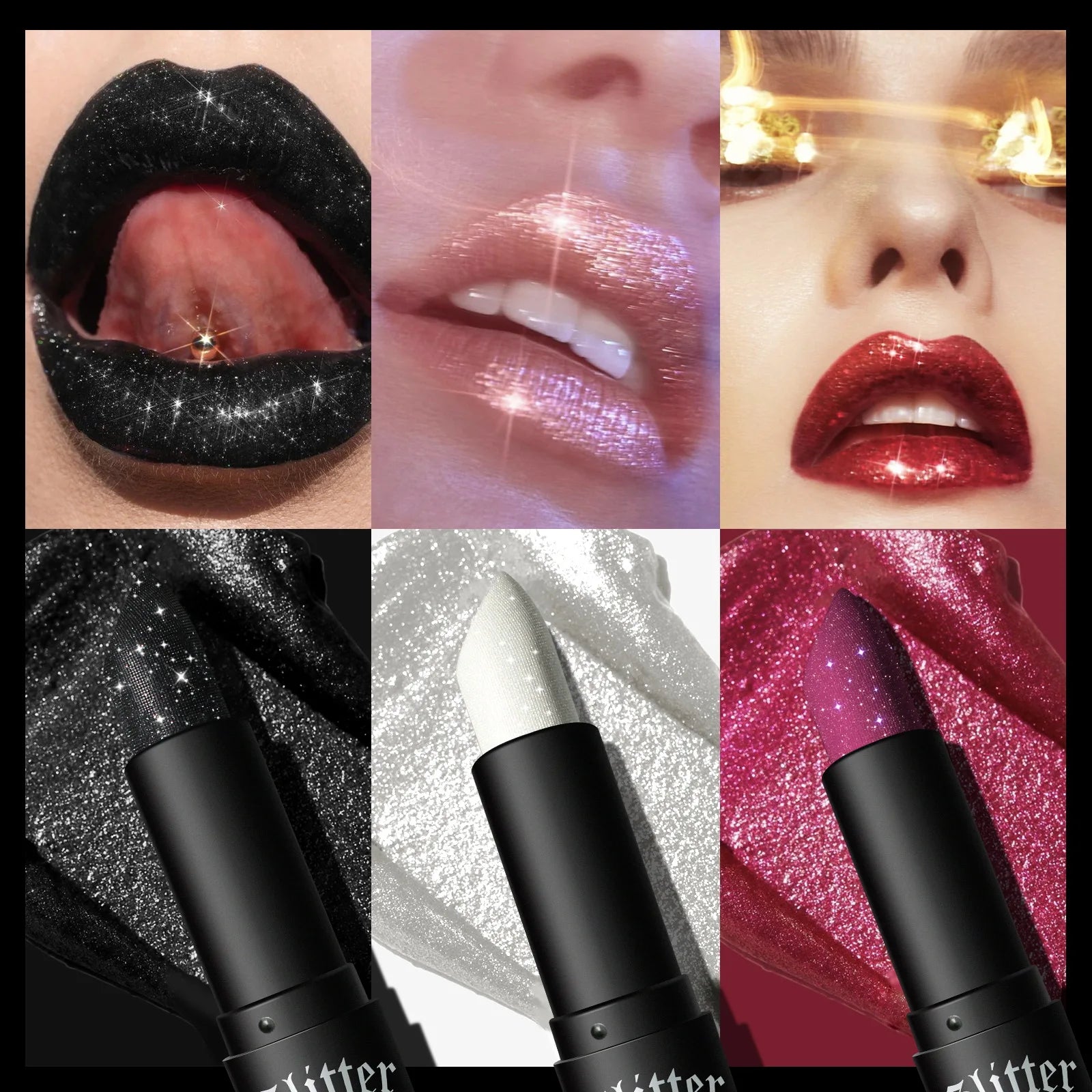 7Colors Glitter Lipstick Waterproof Long Lasting Diamond Pearlescent Metallic Lipstick Black Lipgloss Women Lips Makeup Cosmetic.