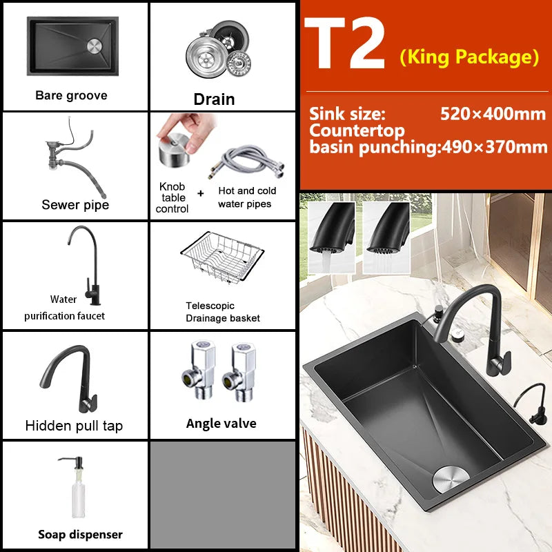 Black Stainless Steel Kitchen Sink Waterfall Sink dishwashing Basin Large Single Sink Household Sink Under The Counter Sink