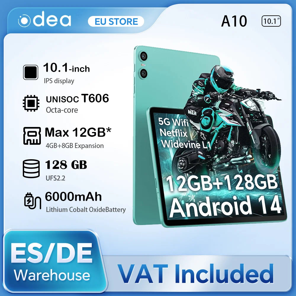 Odea A10 Tablet 10.1" IPS Android 14 T606 Octa-core Max 12GB(4GB+8GB) RAM 128GB ROM Type-C Widevine L1 Earphone Jack Face Unlock.