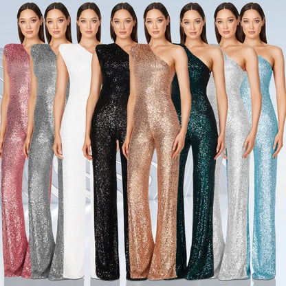 Women Elegant Long Jumpsuits Sexy Glitter Sequin Club Ladies Playsuits Slanted Collar Party Fashion Backless Solid Romper 2024.
