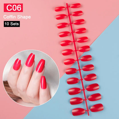 10 Sets/Pack Mixed Solid Colors Coffin Round Square Almond Shape False Nails Full Cover Nail Tips Short Fake Nails Tip Manicure