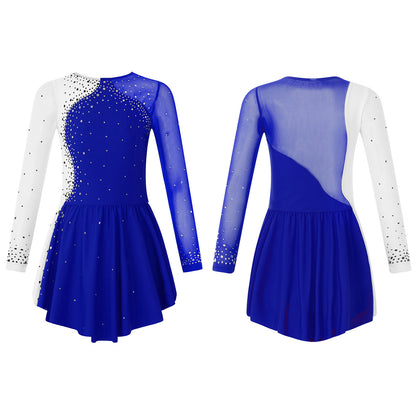 6-16Y Mädchen Eiskunstlauf Tanz Kleid Ballett Gymnastik Trikot Langarm Shiny Strass Sheer Mesh Leistung Dancewear