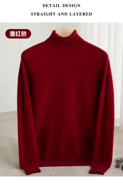 Men 100% Merino Wool Sweater Turtleneck Knitted Pullover Cashmere Warm Solid Color Clothes Business Bottoming Tops Autumn Winter