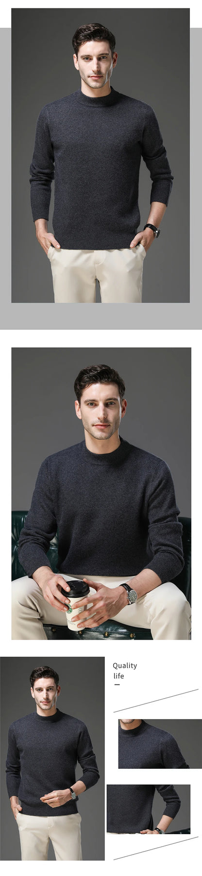 High End Anti-pilling Thick New Fashion Brand Casual Knit Pullover Sweater Half Turtleneck Mens Jumper Designer Clothing