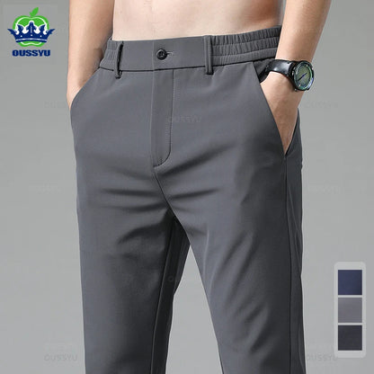Autumn Winter Casual Pants Men Thick Business Stretch Slim Elastic Waist Jogger Korean Classic Black Gray Blue Trouser Male.