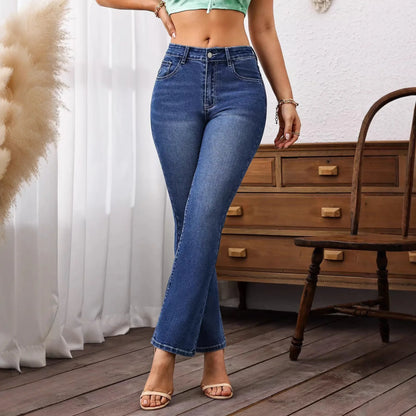 Classic Retro Style Solid Color Denim Pants Elastic Slimming Flared Long Trousers High Waist Jeans Women's Fashion Decorative Bu.