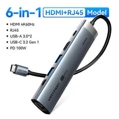 Vention USB C HUB Type C to HDMI 4K60Hz RJ45 PD 100W Adapter For Macbook iPad Pro Air M2 M1 Sumsang PC Accessories USB 3.0 HUB