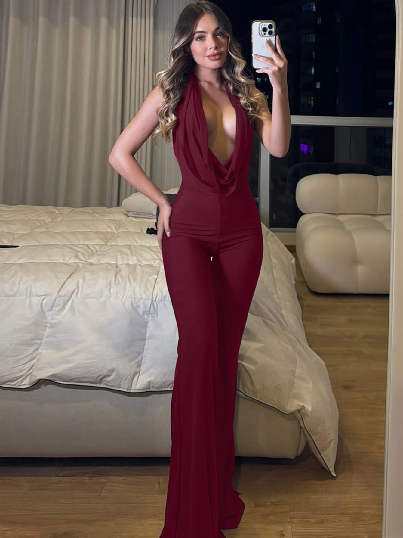 Dulzura Summer Solid Sexy Halter Swinging Collar Backless Slim Lace Up Flared Jumpsuit Women'S Fashion Elegant Party Club Romper.