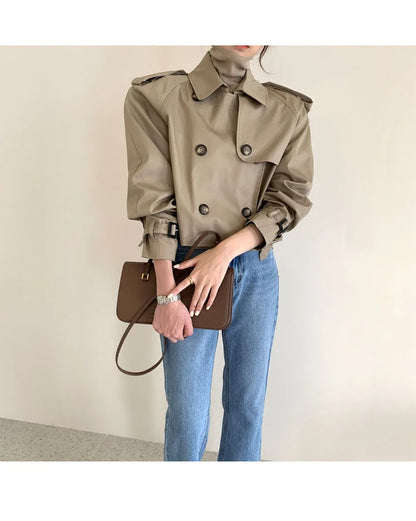Vintage Zweireiher Graben Jacken Frauen Lose Chic Büro Dame Crop Tops Herbst Weibliche Mäntel Alle-spiel Lose Windjacke