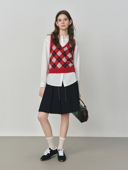 FSLE Plaid Rot Grau V-ausschnitt Gestrickte Weste Top für Frauen 2025, Herbst Neue Ankunft Retro College Stil Oberbekleidung Weste 25FS13248.