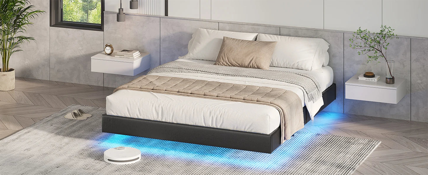 LED-beleuchtetes 180 x 200 cm großes Polsterbett mit Gestell, Gitterbettgestell, schwebender schwarzer Bettrahmen für Schlafzimmer