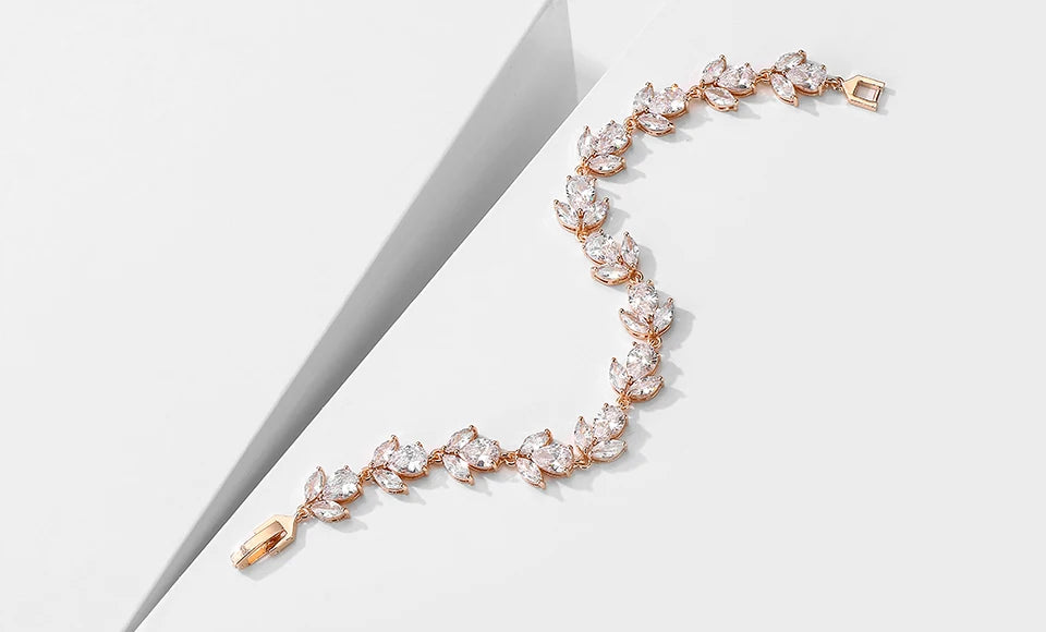 ZAKOL Luxury AAA Cubic Zirconia Wedding Bracelets for Women High Quality White Gold Color Leaf Charm Bracelet Bangles.