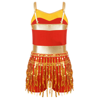 Kinder Mädchen Latin Tanz Kostüm Jazz Samba Cha-Cha Eiskunstlauf Trikot Kleid glänzende Pailletten Quaste Bodysuit für Bühnen performance