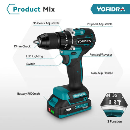 YOFIDRA 13 MM Bürstenlosen Elektrischen Schlagbohrmaschine 35 + 3 Drehmoment Cordless Holzbearbeitung Schraubendreher Power Tool Für Makita Batterie pin
